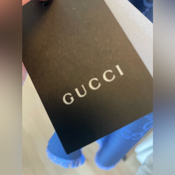NWT Gucci GG Logo Saphire Sky Blue Monogram Wool Silk Jacquard Long Scarf Wrap - Picture 4 of 9